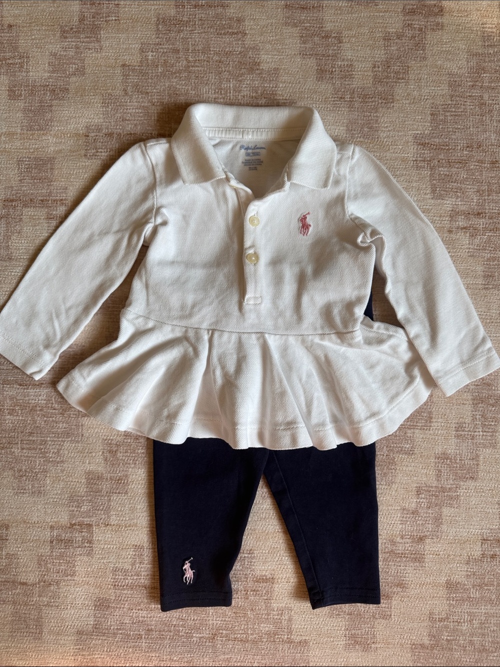 Ralph Lauren White Peplum Polo Top with Navy Leggings Pink Logo Infant size 6M